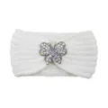 Weißes Strickstirnband mit glitzerndem Strass-Schmetterling, warmes Winter-Haaraccessoire. - Creme