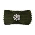 Dark green knitted headband with sparkling crystal rhinestone flower, warm autumn winter hair accessory. - Dark Pickle Green