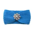 Blue knitted winter headband with sparkling rhinestone flower accessory for women warm hairband. - Lake Blue