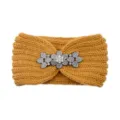 Yellow knitted headband for women, winter warm hair band with rhinestone flower decor. - Turmeric