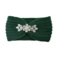 Dark green knitted headband featuring sparkling rhinestone flower for autumn and winter warmth. - Dark Green