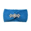 Blue knitted headband with sparkling rhinestone flower ornament, warm winter hair band accessory. - Lake Blue