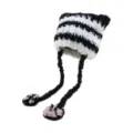 Black and white striped plush cat ear hat with cute paw dangling straps for women. - Black and White