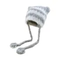 Autumn winter women fuzzy striped warm beanie hat with long braids cute plush cap style - Gray and White