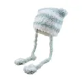 Cute fuzzy striped winter beanie with long pom pom tassels, cozy plush warm hat for women. - Green/White