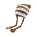 Brown white striped fluffy plush hat with long earflap braids, cute winter warm beanie. - Brown and White