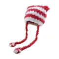 Red and white striped fluffy plush knit hat with long hanging straps for women winter. - Red White