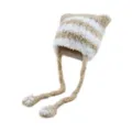 Cozy fuzzy cat ear beanie with long braided earflaps, cute striped winter warm hat. - Camel White
