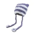 Cute fluffy striped warm beanie hat with long cords for women winter fashion casual cozy wear - Purple White