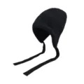 Solid color wool knit hat with long ties, warm winter beanie for women, minimalist style. - Black