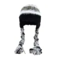 Winter colorful knitted trapper hat with braided tassels warm fluffy plush beanie cap - Black
