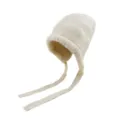 Solid color wool knitted bonnet hat with long ties, beige winter warm beanie for women. - Beige