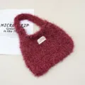 Borsa a mano in maglia autunno inverno borsa tote in peluche soffice monocolore borsa di lana - Borgogna