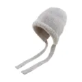 Solid color knit beanie with long straps, cozy warm woolen hat for women, casual winter headwear. - Oatmeal