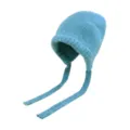 Cozy solid color wool knit beanie with hanging straps, warm and stylish winter hat for women. - Blue