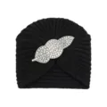 Black knitted turban hat for women, elegant winter warm beanie with sparkling rhinestone leaf. - Black