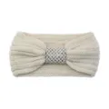 Beige knit headband with sequin bowknot detail, cozy winter ear warmer hair accessory. - Beige