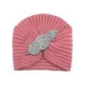 Pink knitted turban hat with dazzling rhinestone leaf brooch for women autumn winter warm beanie. - Dusty Pink