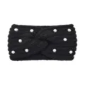 Black knitted headband with faux pearls, stylish cozy hair accessories for daily wear. - Black