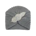 Grey knitted turban hat with sparkly rhinestone leaf brooch for women autumn winter warm beanie - Medium Grey