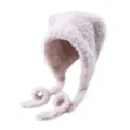 Roze pluche schattige kattenoor gebreide muts met gekrulde oorlappen warme muts. - Roze