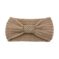 Khaki Knitted Headband Sequin Bow Ear Warmer Ribbed Elastic Winter Hair Accessory SKU - Camel