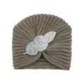 Brown knit turban hat featuring sparkling crystal leaf accessory, warm winter pullover hat. - Khaki