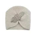 Beige rhinestone knitted turban hat, warm winter beanie with crystal leaf decor for women. - Beige