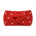 Red knitted twist headband with elegant faux pearls, cozy winter ear warmer hair accessory. - Red