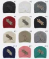 Mujer invierno tejida turbante sombrero con cuentas hojas elegante cálido gorro de punto - Multicolor