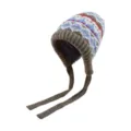 Damen Norweger Rauten Jacquard Strickmuetze mit langen Baendern, warme Beanie Muetze - Cyan