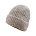 Beige ribbed knit beanie hat, thick warm cuffed woolly cap for winter outdoor daily wear. - Khaki