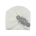 White knit turban hat with dazzling rhinestone flower brooch, warm autumn winter beanie cap. - Cream