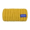 Gele gebreide geribbelde haarband met blauw label, stijlvolle hoofdband voor yoga en dagelijks gebruik. - Geel