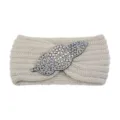 Beige knit headband with sparkling rhinestone leaf design, elegant winter hair accessory for women. - Beige