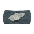 Dark grey knitted headband featuring a stunning sparkling rhinestone leaf decoration style. - Dark Gray