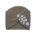 Brown rhinestone knitted turban hat, vintage warm winter beanie for women and daily wear. - Khaki