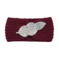 Burgundy knitted headband with sparkling rhinestone leaf brooch, soft ribbed winter hair accessory. - Fuschia
