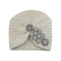 Beige rhinestone knitted turban hat, winter warm retro woolen beanie with crystal flower. - Beige