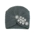 Dark grey knitted turban hat with sparkling rhinestone floral decorations for women. - Dark Gray