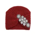 Wine red knitted turban hat with rhinestone crystal embellishments winter warm beanie cap - Jujube Red