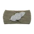 Khaki knitted rhinestone headband, sparkling crystal leaf hair band, winter warm hair accessory. - Khaki