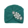Dark green knitted turban hat with rhinestone crystal embellishments for women autumn winter warm - Har Cyan