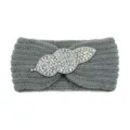 Grey knit headband with sparkling rhinestone leaf embellishment, cozy and stylish hair accessory. - Medium Grey