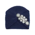 Navy blue knitted turban hat with dazzling rhinestone flower crystal brooch for women - Navy Blue