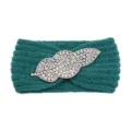 Dark green knitted headband with crystal leaf rhinestone, cozy ribbed winter hair accessory. - Aqua Blue