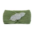 Green knitted headband with sparkling rhinestone leaf detail, perfect for yoga and daily wear. - Pickle Green