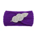 Purple rhinestone knitted headband crystal leaf winter hair band fuzzy cute hair accessory - Purple