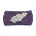Purple knitted rhinestone leaf headband, cozy wool ribbed hair accessory for women. - Purple