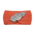 Orange knitted headband with sparkling rhinestone leaf design for women fashion yoga hair wrap. - Orange